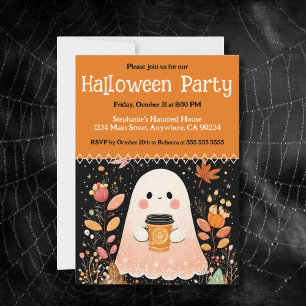 Cute Autumn Ghost med Pumpkin Coffee Halloween Inbjudningar