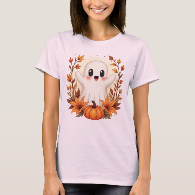 Cute Autumn Ghost Pumpkin T Shirt (Framsida)