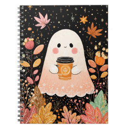 Cute Autumn Ghost with Pumpkin Coffee – Cozy Fall Anteckningsbok