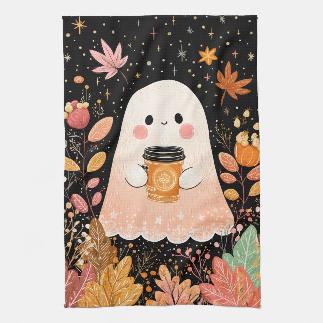Cute Autumn Ghost with Pumpkin Coffee – Cozy Fall  Kökshandduk (Vertikal)