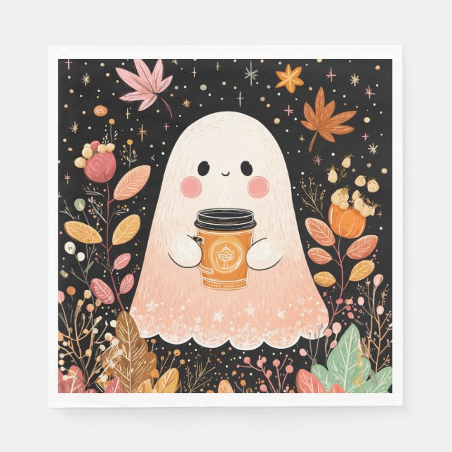 Cute Autumn Ghost with Pumpkin Coffee – Cozy Fall  Pappersservett (Framsidan)