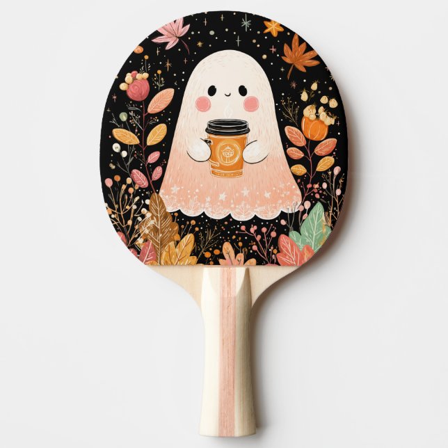 Cute Autumn Ghost with Pumpkin Coffee – Cozy Fall  Pingisracket (Framsidan)