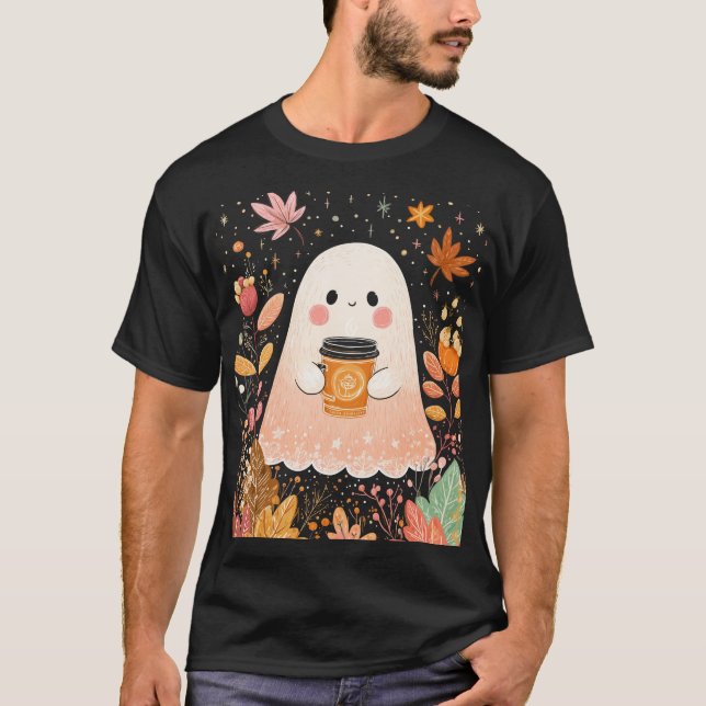 Cute Autumn Ghost with Pumpkin Coffee – Cozy Fall  T Shirt (Framsida)