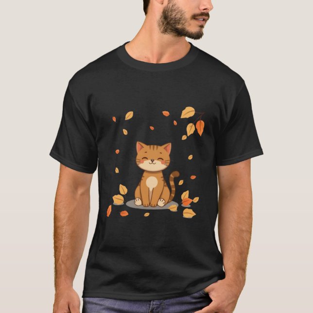 Cute Autumn Ginger Cat Falling Leaves Art ✨🐾🍂 T Shirt (Framsida)