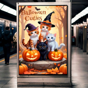 Cute Autumn Halloween Kittens i Costumes Pumpkins Poster