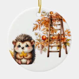 Cute Autumn Hedgehog with Harvest Ladder Illustrat Julgransprydnad Keramik