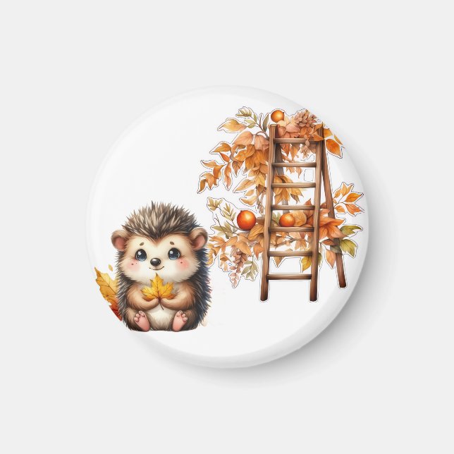 Cute Autumn Hedgehog with Harvest Ladder Illustrat Magnet (Framsidan)