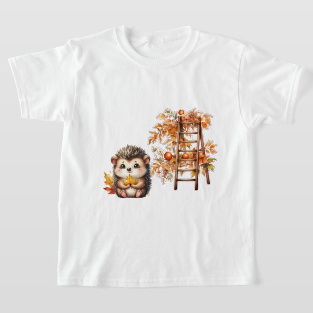 Cute Autumn Hedgehog with Harvest Ladder Illustrat T Shirt (Laydown)
