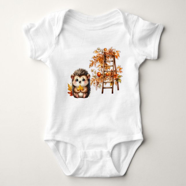 Cute Autumn Hedgehog with Harvest Ladder Illustrat T Shirt (Framsida)