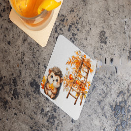 Cute Autumn Hedgehog with Harvest Ladder Illustrat Underlägg Papper Kvadrat