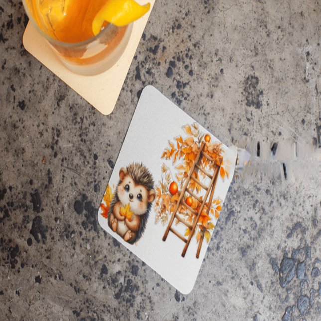 Cute Autumn Hedgehog with Harvest Ladder Illustrat Underlägg Papper Kvadrat (Skapare uppladdad)
