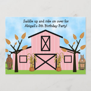 Cute Autumn Horses och Rosa Barn Horse Birthday Inbjudningar