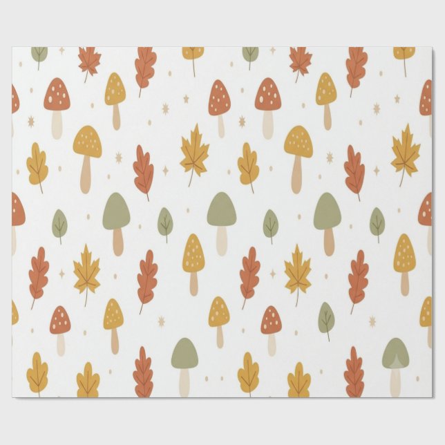 Cute Autumn Mushroom and Leaves Wrapping Paper Presentpapper (Platt)
