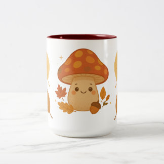 Cute Autumn Mushroom on Mysigt Foliage Två-Tonad Mugg