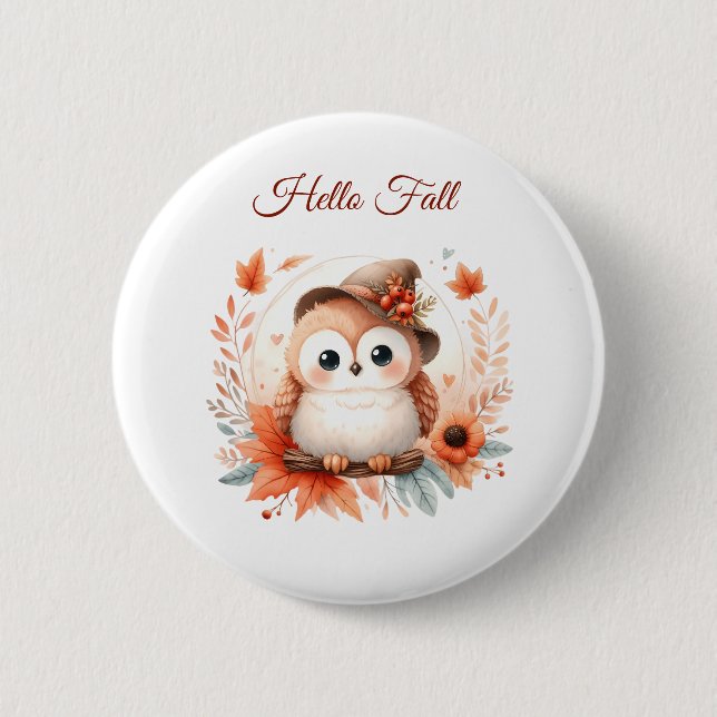 Cute Autumn Uggla Sitta vid Gren Knapp (Framsida)