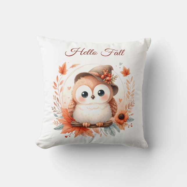 Cute Autumn Uggla Sitta vid Gren Kudde (Framsida)