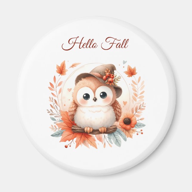 Cute Autumn Uggla Sitta vid Gren Magnet (Framsidan)