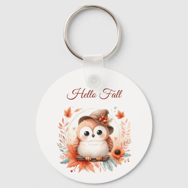 Cute Autumn Uggla Sitta vid Gren Nyckelring (Framsida)