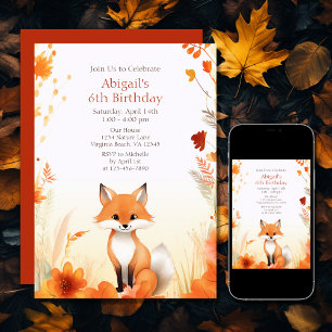 Cute Autumn Woodland Fox Fall Birthday Inbjudningar