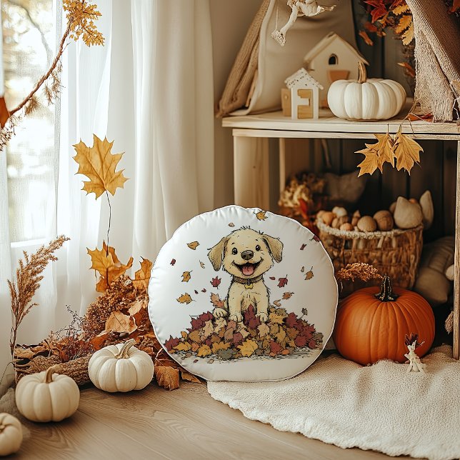 Cute Autumnal Puppy Rund Kudde (Skapare uppladdad)