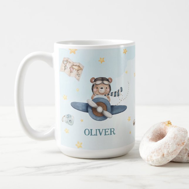Cute Aviation Bear Blue Vintage Flygplan Kaffemugg (Med munk)