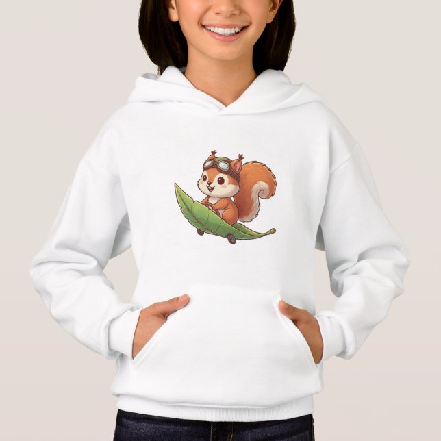 Cute Aviator Squirrel Riding Leaf Skateboard Art T Shirt (Framsida)