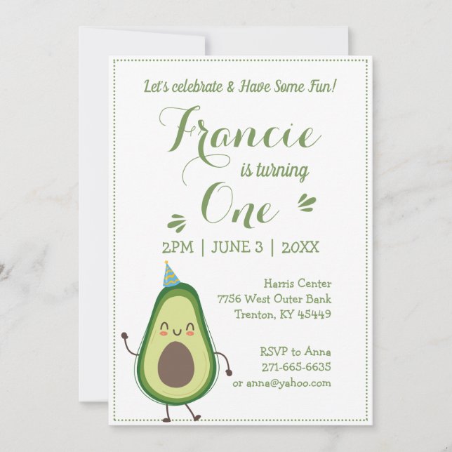 Cute Avocado Personalize 1st Birthday White BG Inbjudningar (Framsida)