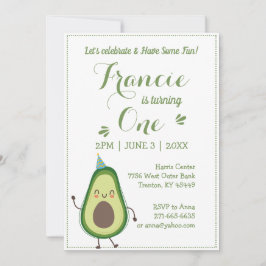 Cute Avocado Personalize 1st Birthday White BG Inbjudningar