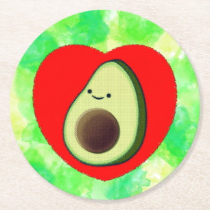 Cute Avocado Tecknad in Red Heart on Watercolor Underlägg Papper Rund