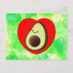 Cute Avocado Tecknad in Red Heart on Watercolor Vykort