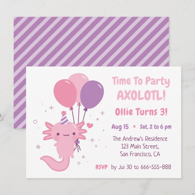 Cute Axolotl and Balloons Girls Birthday Party Inbjudningar (Fram/baksida)