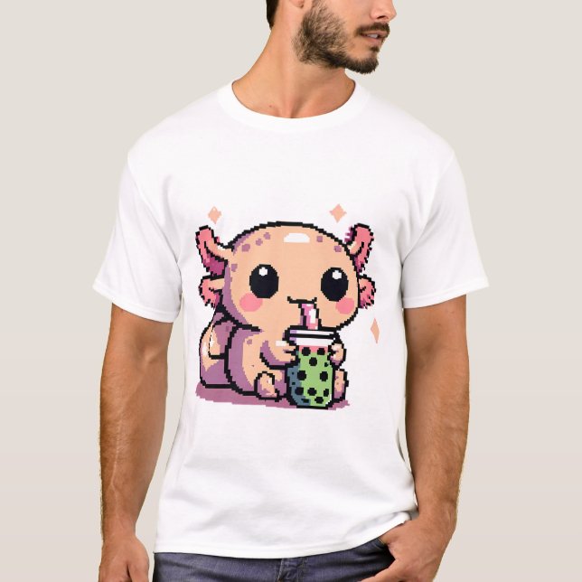 Cute Axolotl Drinking Boba Pixel Art T Shirt (Framsida)