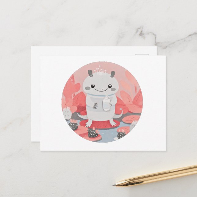 Cute Axolotl Drinking Mjölk Vykort (Fram/Back In Situ)