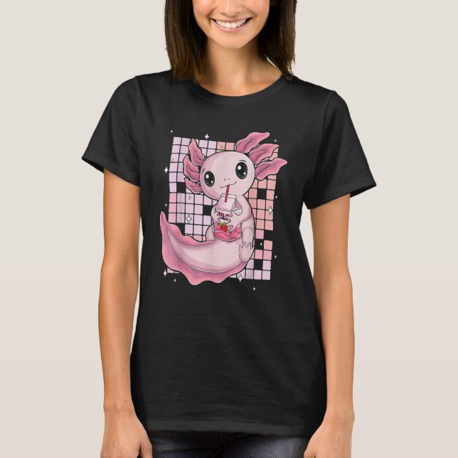 Cute Axolotl Drinking Strawberry Mjölk Bubble Tea  T Shirt (Framsida)