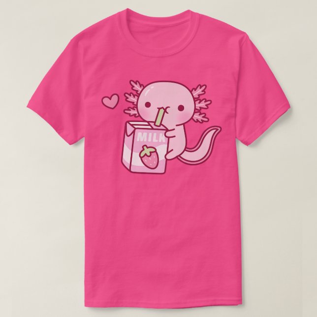 Cute Axolotl Drinking Strawberry Mjölk Doodle T Shirt (Design framsida)