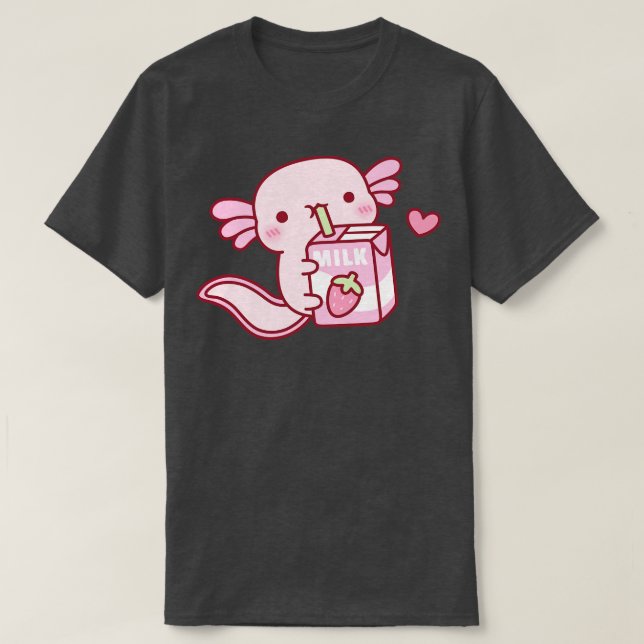 Cute Axolotl Drinking Strawberry Mjölk T Shirt (Design framsida)