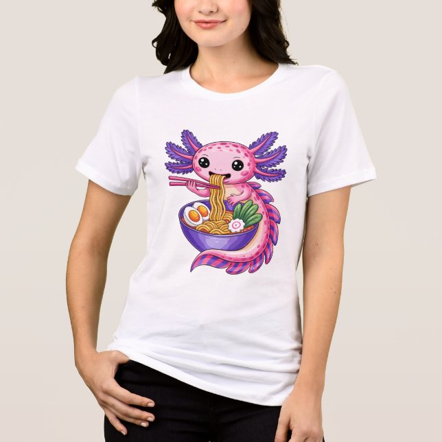 Cute Axolotl Eating Ramen Kawaii Noodle Bowl T Shirt (Framsida)