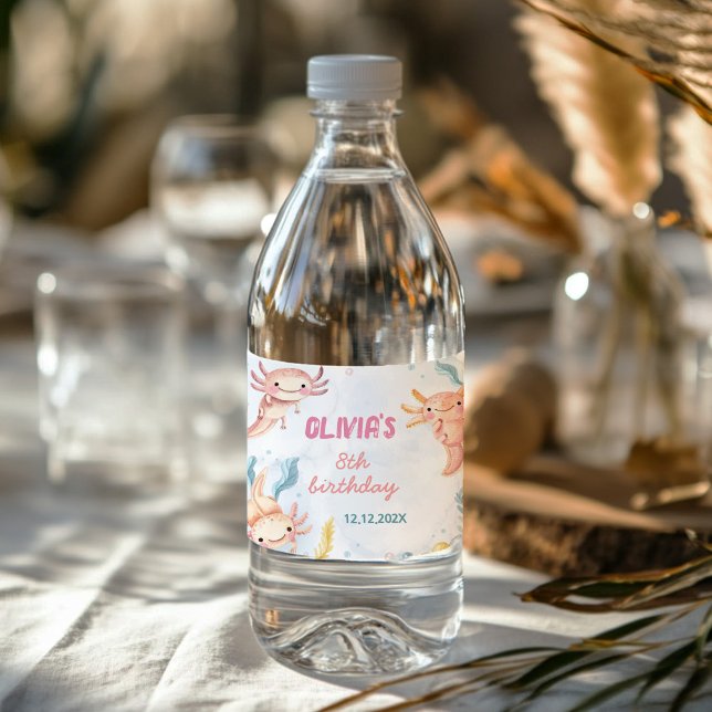 Cute Axolotl Girl Birthday Vattenflaska Label Vattenflaskor Etikett (Skapare uppladdad)