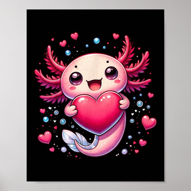 Cute Axolotl Heart Valentines day för flickor Kids Poster (Framsidan)