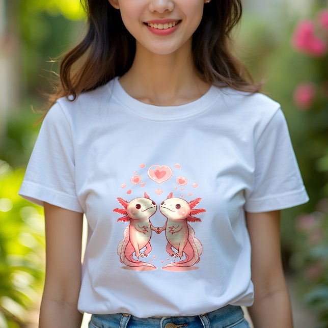 Cute Axolotl Kärlek: Holding Händer Women's T Shirt (a woman wearing a white t-shirt with a cute romantic axolotl couple holding hands)