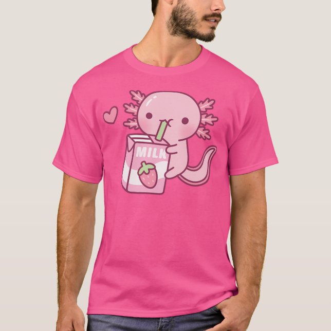 Cute Axolotl Kärlek Strawberry Mjölk Doodle T Shirt (Framsida)