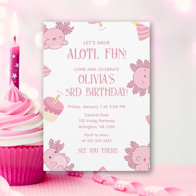 Cute Axolotl Kids Rosa Alotl Roligt Birthday Inbjudningar (Skapare uppladdad)