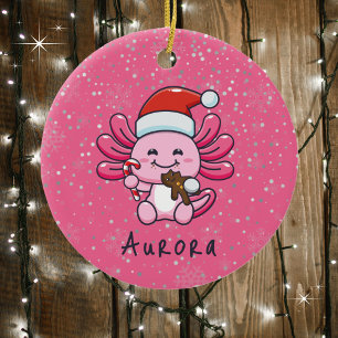 Cute Axolotl med jultomten Hat och Candy cane jul Julgransprydnad Keramik