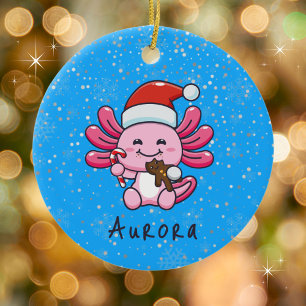 Cute Axolotl med jultomten Hat och Candy cane jul Julgransprydnad Keramik