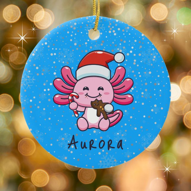 Cute Axolotl med jultomten Hat och Candy cane jul Julgransprydnad Keramik (Personalize with a name. Available in assorted ornaments and products.)