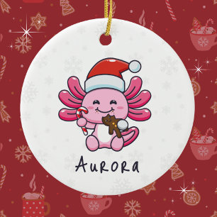 Cute Axolotl med jultomten Hat och Candy cane jul Julgransprydnad Keramik