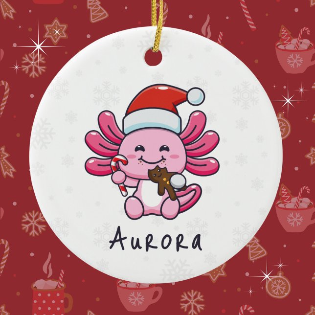 Cute Axolotl med jultomten Hat och Candy cane jul Julgransprydnad Keramik (Personalize with a name. Available in assorted ornaments and products.)