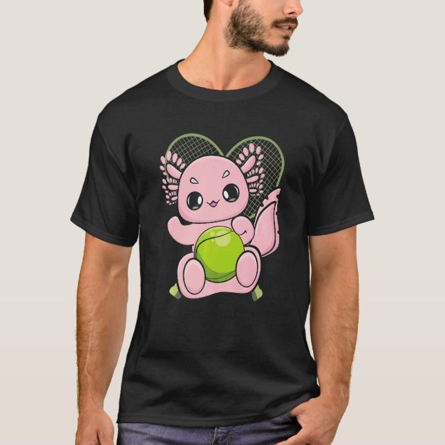 Cute Axolotl Plays Tennis And Racket Sport For Ten T Shirt (Framsida)