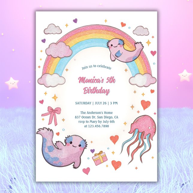 Cute Axolotl Rainbow Barns födelsedag Party Inbjudningar (Cute Axolotl Rainbow Birthday Invitation – Under the Sea Birthday Invite)