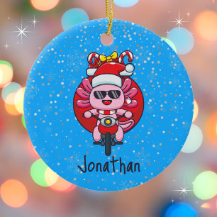 Cute Axolotl Riding a Motorcycle with Santa Hat Julgransprydnad Keramik